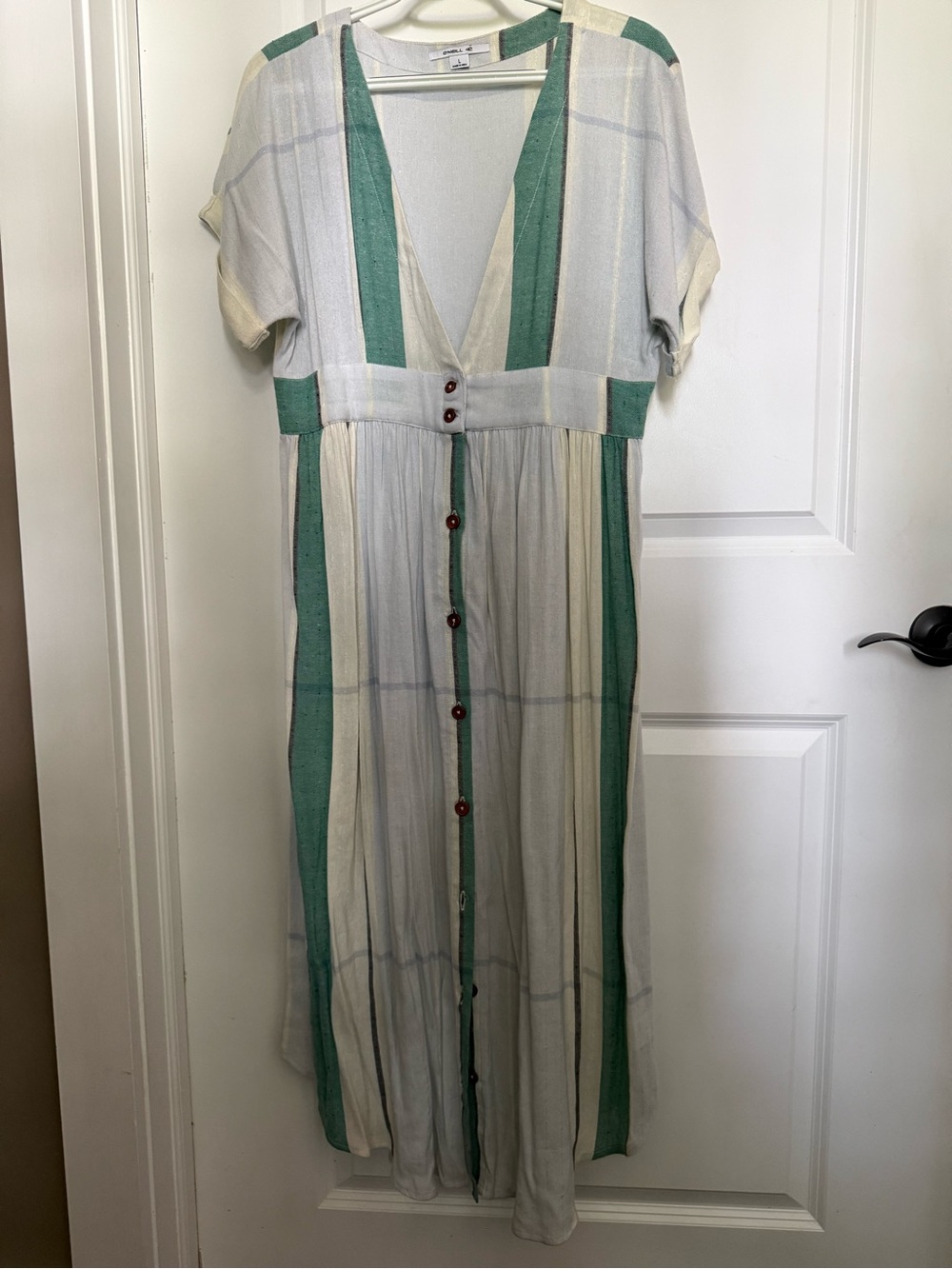 O'Neill Cream and Green Vertical-Stripe Midi Dress with Buttons